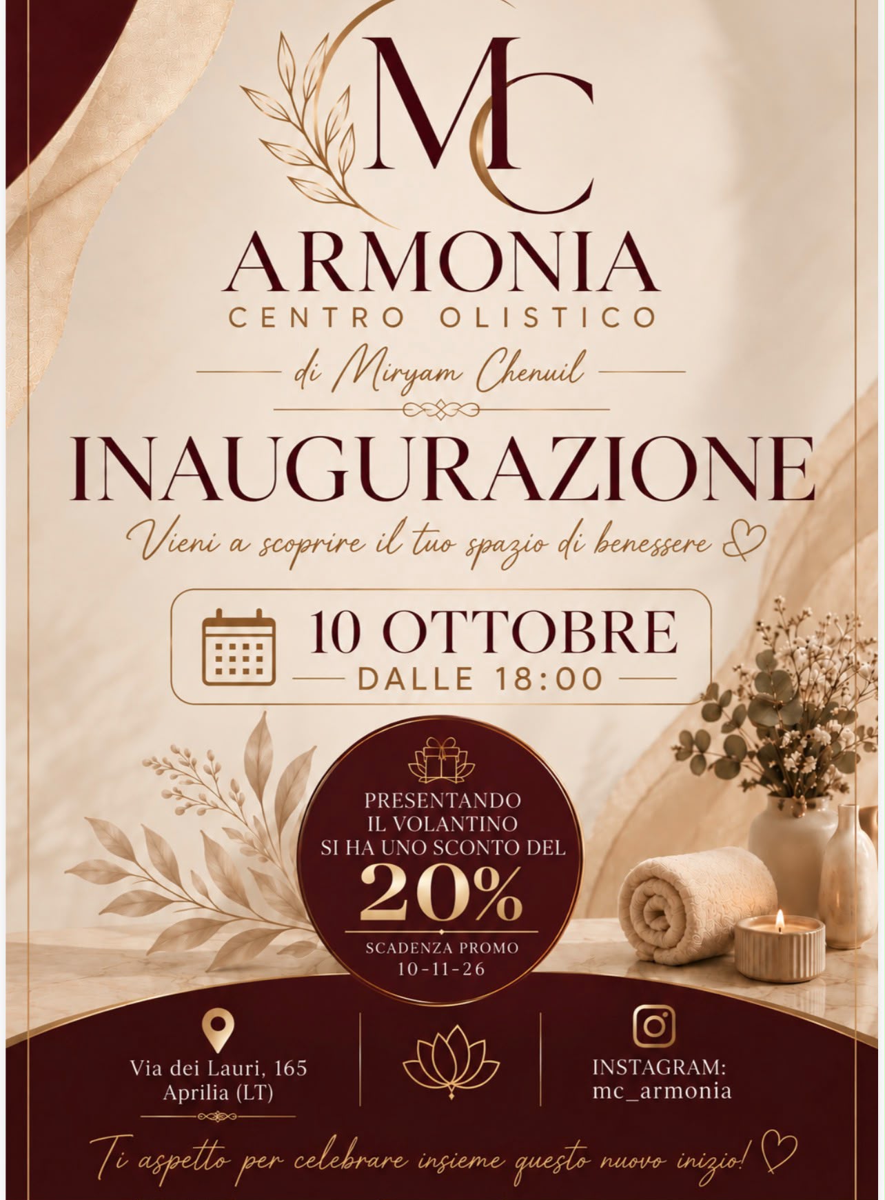 Volantino dell'inaugurazione di MC Armonia: 10 ottobre 2026 dalle ore 18:00, Via dei Lauri, 165, Aprilia (LT)